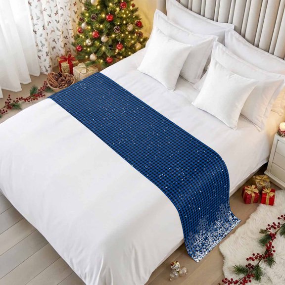 Christmas Bed Runner Scarf for Queen Size Bed, Blue Black Buffalo Plaid Xmas Snowflakes Farmhouse Beds Scarf Throws for Foot of Bed, Decorative Bed Runners for Bedroom Hotel Guestroom, 83"x20"