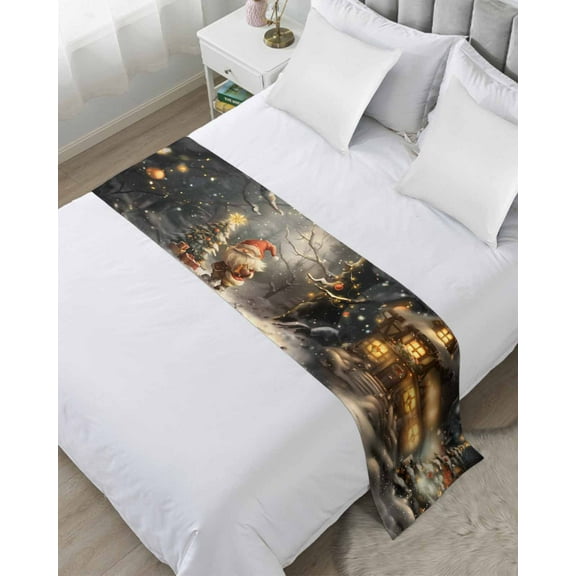 Christmas Bed Runner for Twin Size Bed, Gnomes Xmas Tree Snowflake Forest Bedspread Protector Slipcover Bed Scarf for Foot Bed Runners & Scarves for Bedroom Hotel Wedding Room 71x20 Inches