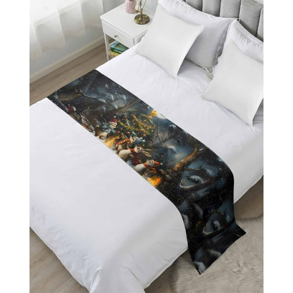 Christmas Bed Runner for Twin Size Bed, Winter Snowflake Animals Xmas Tree Moon Bedspread Protector Slipcover Bed Scarf for Foot Bed Runners & Scarves for Bedroom Hotel Wedding Room 71x20 Inches