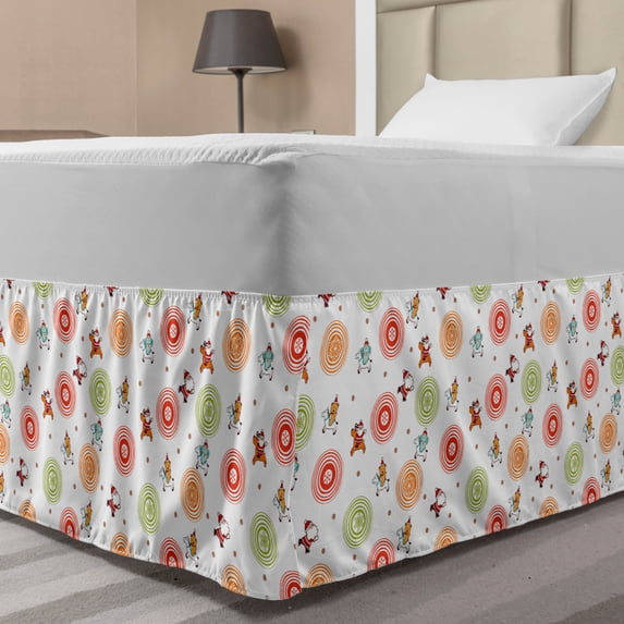 Christmas Bed Skirt, Colorful Reindeer Riding Santa Bears with Snowflake Motifs in Bullseye Circles, Elastic Bedskirt Dust Ruffle Wrap Around for Bedding Decor, 4 Sizes, Multicolor, by Ambesonne