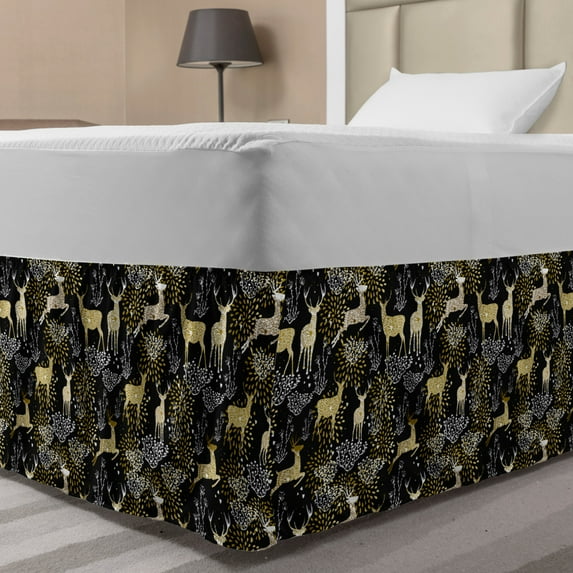 Christmas Bed Skirt, Nature Woodland and Deer Silhouettes with Oriental Ornaments Design, Elastic Bedskirt Dust Ruffle Wrap Around for Bedding Decor, 4 Sizes, Yellow White Black, by Ambesonne