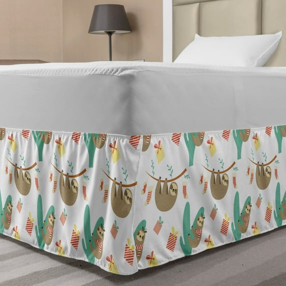 Christmas Bed Skirt, Pattern of Sloths Holiday Socks and Gift Boxes, Elastic Bedskirt Dust Ruffle Wrap Around for Bedding Decor, 4 Sizes, Seafoam Dark Tan, by Ambesonne