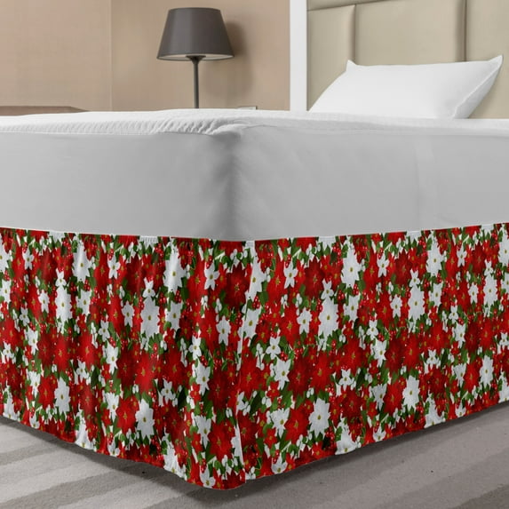 Christmas Bed Skirt, Poinsettia Flower Holly and Mistletoe in Natural Traditional Combination, Elastic Bedskirt Dust Ruffle Wrap Around for Bedding Decor, 4 Sizes, White Red Green, by Ambesonne