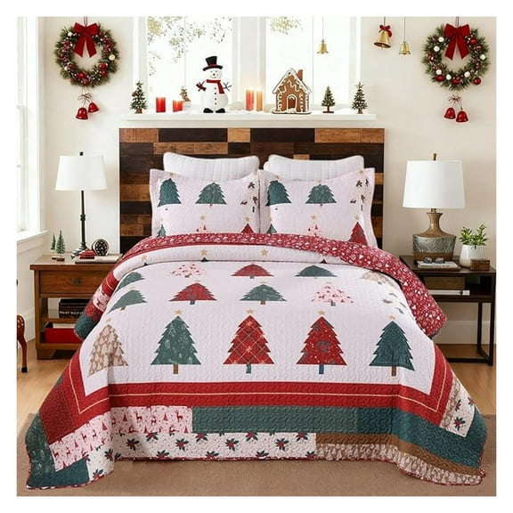Christmas Bed in A Bag 3 Piece Quilt Set, Pine Tree Polyester Bedspread with Shams, Festive Soft Brushed Holiday Collection