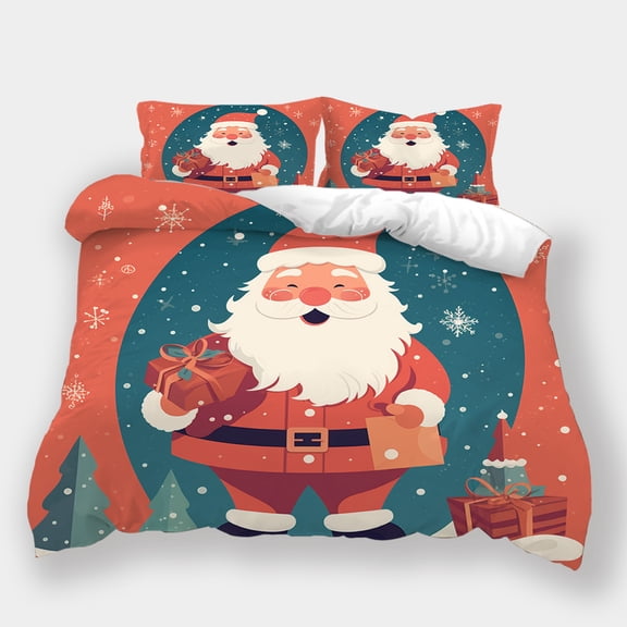Christmas Bedding Cover Suit Cartoon Smiling Santa Claus Comforter Cover Set Children Festival Bed Gift