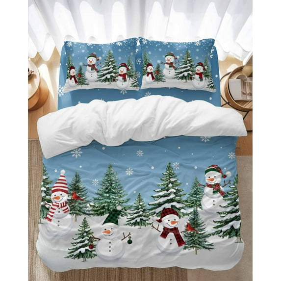 Christmas Bedding Duvet Cover Set Full Size 4 Pieces Snowman Christmas Tree Forest Winter Snow Blue Bedding Set with Zipper Closure, 1 Comforter Cover 86x86 Inches 1 Flat Sheet & 2 Pillow Cases