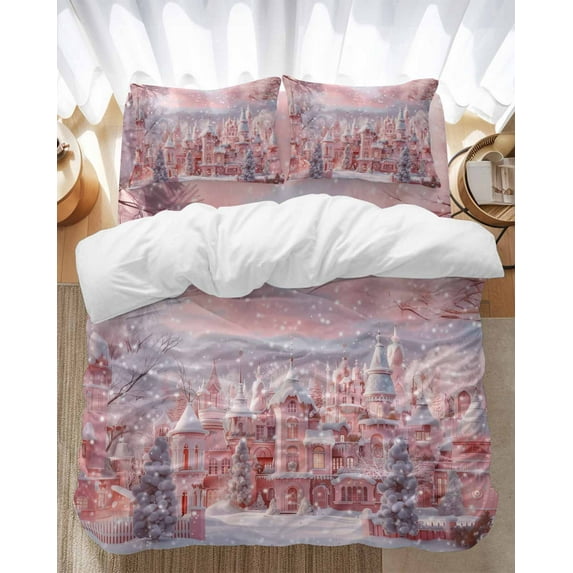 Christmas Bedding Duvet Cover Set Full Size 4 Pieces Winter Snow Scene Dreamy Pink Snowing Town Bedding Set with Zipper Closure, 1 Comforter Cover 86x86 Inches 1 Flat Sheet & 2 Pillow Cases
