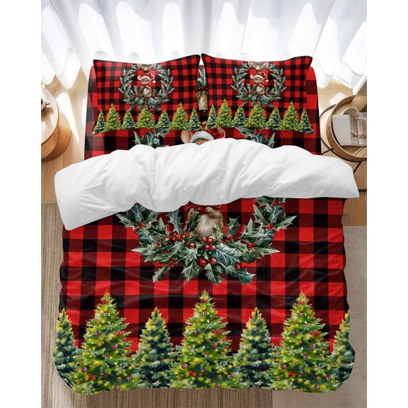 Christmas Bedding Duvet Cover Set Queen 4 Pieces Cute Mouse Pine Tree Leaf Wreath Red Black Checkered Bedding Set with Zipper Closure,1 Comforter Cover 90x92 Inches 1 Flat Sheet & 2 Pillow Cases