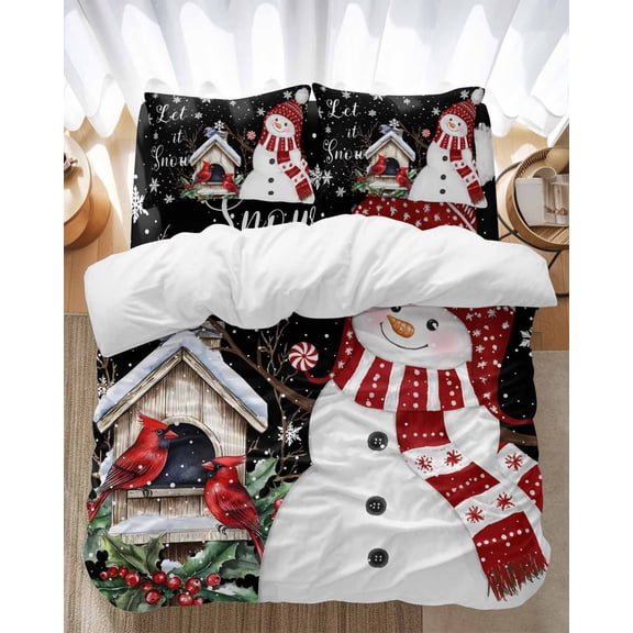 Christmas Bedding Duvet Cover Set Queen Size 4 Pieces Red Hat Snowman Xmas Cardinal Bird House Black Bedding Set with Zipper Closure, 1 Comforter Cover 90x92 Inches 1 Flat Sheet & 2 Pillow Cases