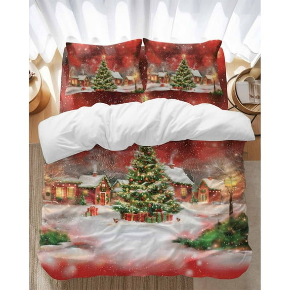 Christmas Bedding Duvet Cover Set Queen Size 4 Pieces Red View Christmas Tree Hut Light Golden Snowflakes Bedding Set with Zipper Closure,1 Comforter Cover 90x92 Inches 1 Flat Sheet & 2 Pillow Cases