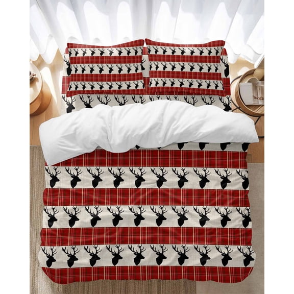 Christmas Bedding Duvet Cover Set Queen Size 4 Pieces Reindeer Winter Pastoral Linen Plaid Bedding Set with Zipper Closure, 1 Comforter Cover 90x92 Inches 1 Flat Sheet & 2 Pillow Cases