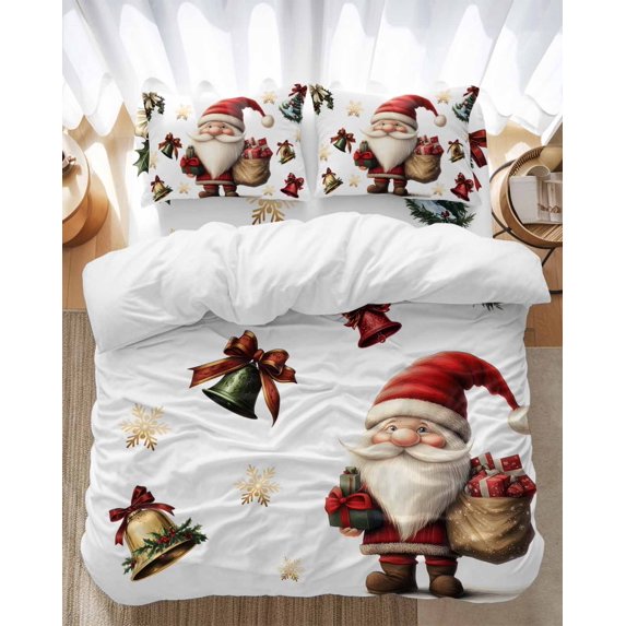 Christmas Bedding Duvet Cover Set Queen Size 4 Pieces Santa Claus Winter Xmas Bell Snowflake Pine Tree Bedding Set with Zipper Closure, 1 Comforter Cover 90x92 Inches 1 Flat Sheet & 2 Pillow Cases