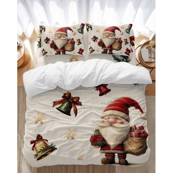 Christmas Bedding Duvet Cover Set Queen Size 4 Pieces Santa Claus Winter Xmas Bell Snowflake Retro Linen Bedding Set with Zipper Closure, 1 Comforter Cover 90x92 Inches 1 Flat Sheet & 2 Pillow Cases