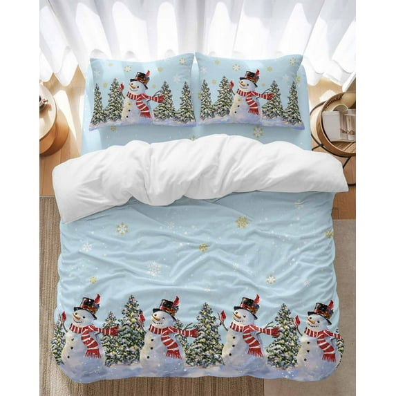 Christmas Bedding Duvet Cover Set Queen Size 4 Pieces Winter Xmas Snowman Pine Tree Snowflakes Light Blue Bedding Set with Zipper Closure,1 Comforter Cover 90x92 Inches 1 Flat Sheet & 2 Pillow Cases