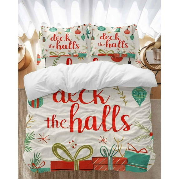 Christmas Bedding Duvet Cover Set Twin Size 4 Pieces Green Red Ball Bell Pine Needles Bedding Set with Zipper Closure, 1 Comforter Cover 68x86 Inches 1 Flat Sheet & 2 Pillow Cases