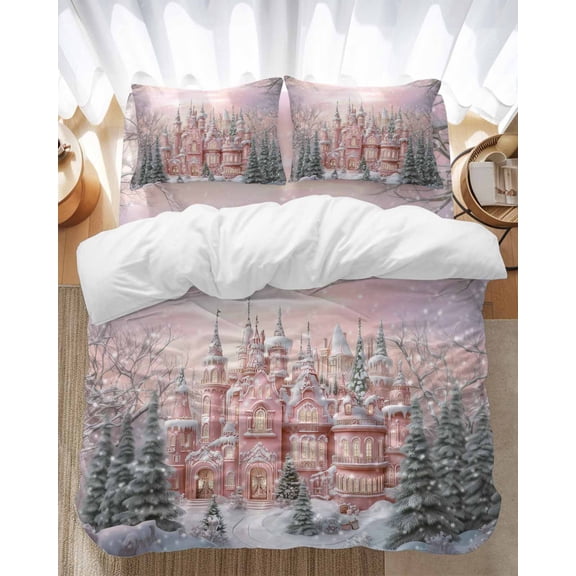 Christmas Bedding Duvet Cover Set Twin Size 4 Pieces Snow Scene Pink Town Pine Tree Snowflakes Bedding Set with Zipper Closure, 1 Comforter Cover 68x90 Inches 1 Flat Sheet & 2 Pillow Cases