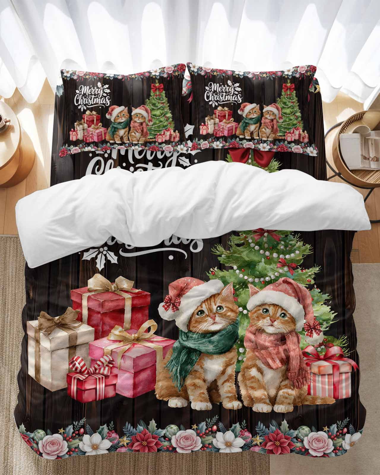 Christmas Bedding Duvet Cover Set Twin Size 4 Pieces Winter Xmas Cats Trees Gifts Flowers Brown Woods Bedding Set with Zipper Closure, 1 Comforter Cover 68x86 Inches 1 Flat Sheet & 2 Pillow Cases