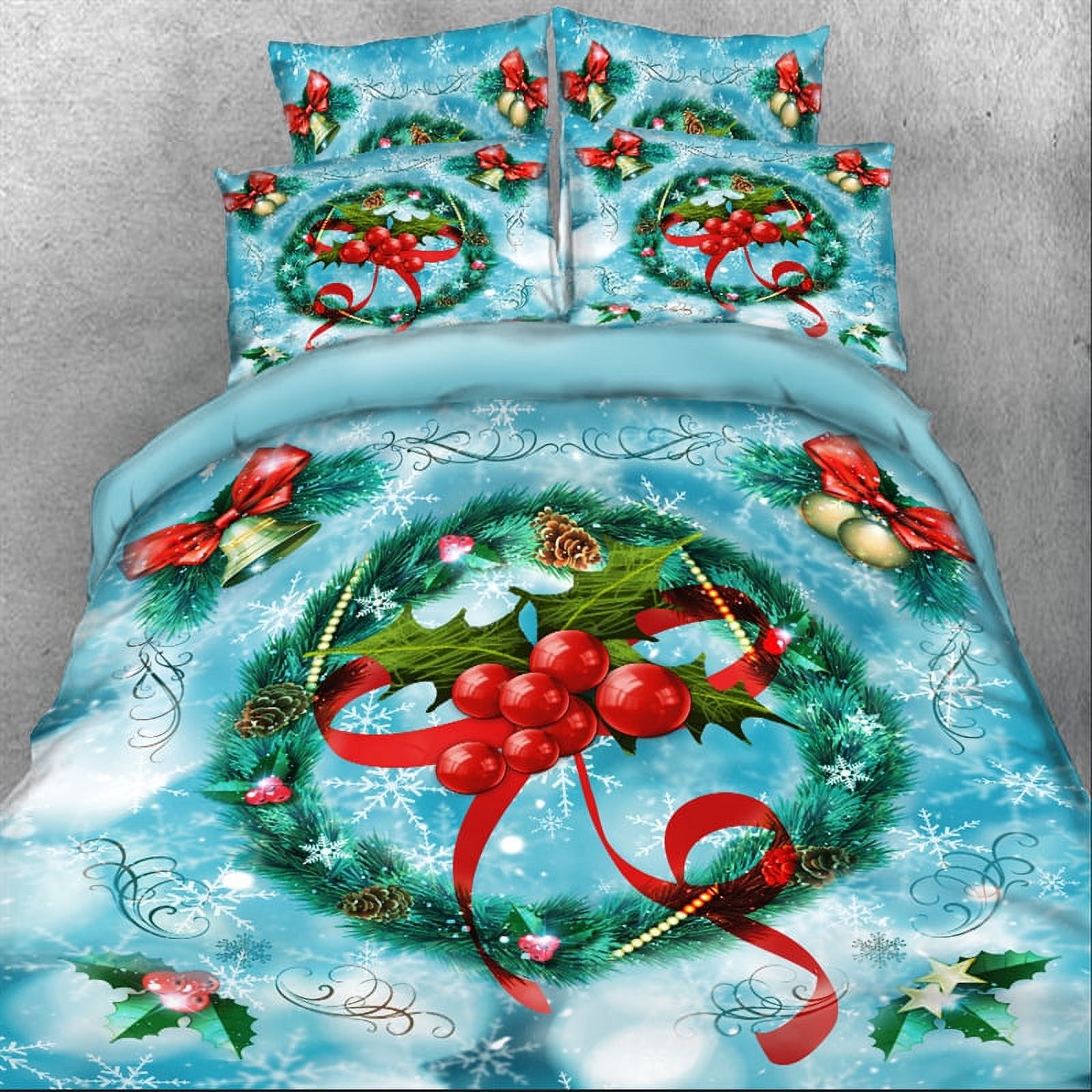 Christmas Bedding Set, Bells Balls Garland with Red Berries Printed 4