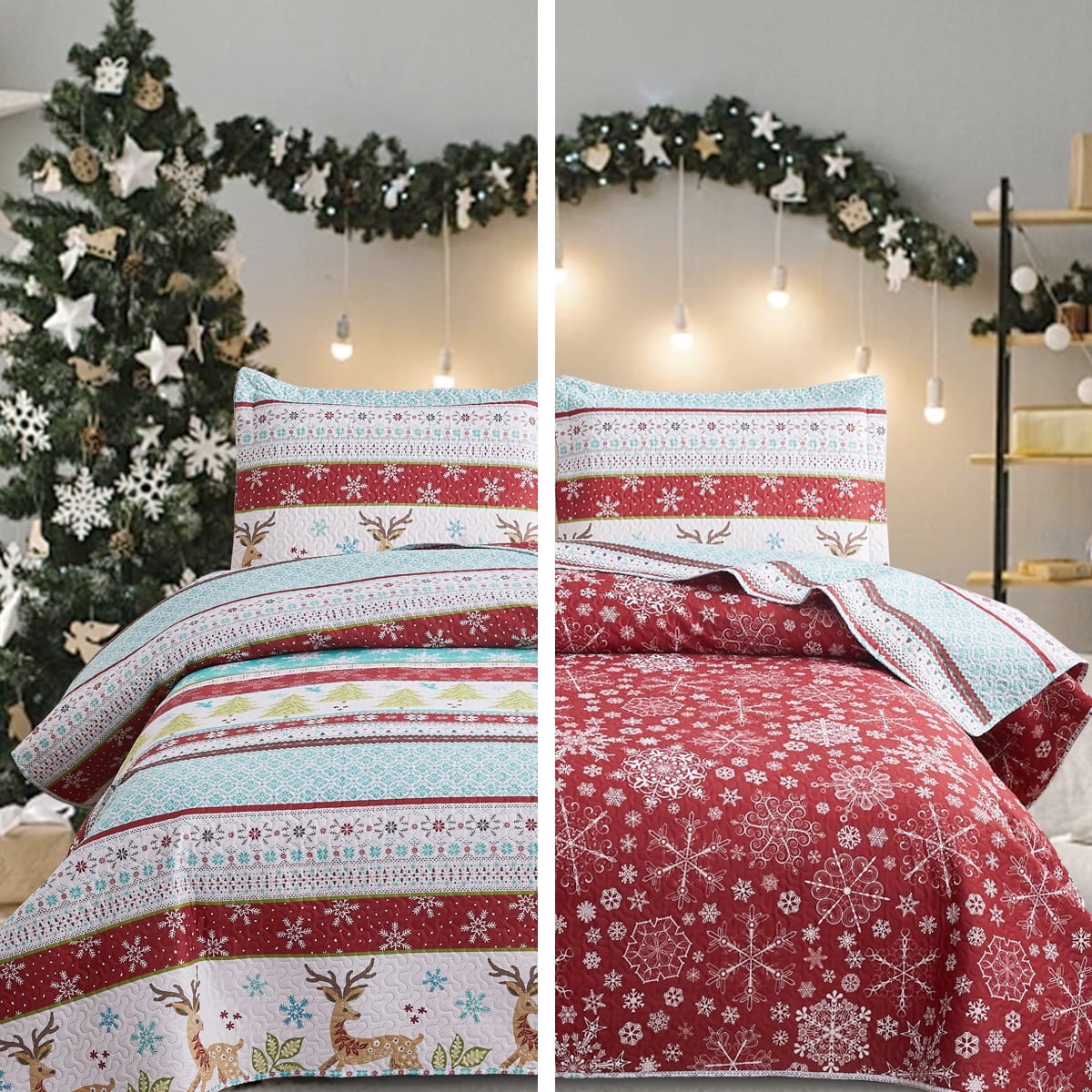 Christmas Quilt Set Queen/Full Xmas Holiday Bedroom Decor Lightweight Bedspread Coverlet Soft Microfiber Bedding Collection Home Reversible Quilt Red