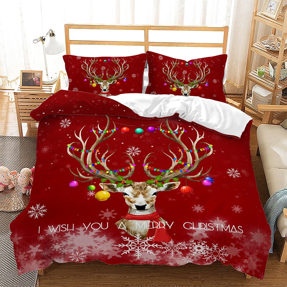 Christmas Bedding Set Queen Size Santa Claus Elk Snowman Printed