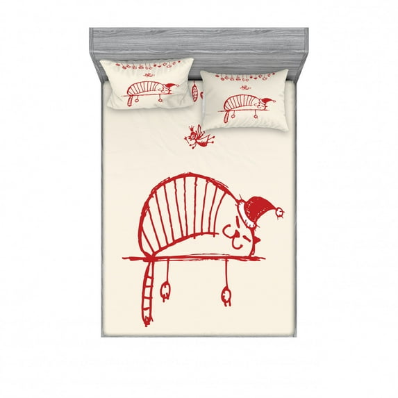 Christmas Bedding Set with Sheet & Covers, Funny Cat Sleeping with a Hat and Little Fairy Hanging Xmas Ornaments Style, Printed Bedroom Decor 2 Shams, 4 Sizes, Red, by Ambesonne