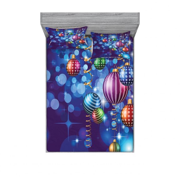 Christmas Bedding Set with Sheet & Covers, Happy New Year Party Celebrations Swirling Ornaments and Balls Print, Printed Bedroom Decor 2 Shams, 4 Sizes, Multicolor, by Ambesonne