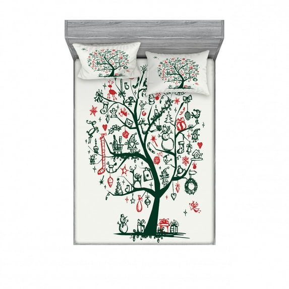 Christmas Bedding Set with Sheet & Covers, Large Tree with New Year Ornaments Presents and Candles Angels Holiday Theme, Printed Bedroom Decor 2 Shams, 4 Sizes, Green Vermilion, by Ambesonne
