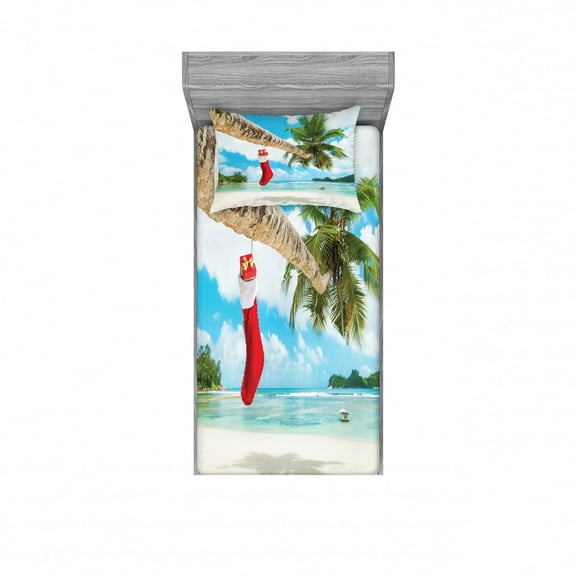 Christmas Bedding Set with Sheet & Covers, Sock on the Palm Tree on Tropical Sandy Beach Island Maldives Design, Printed Bedroom Decor 2 Shams, 4 Sizes, Multicolor, by Ambesonne