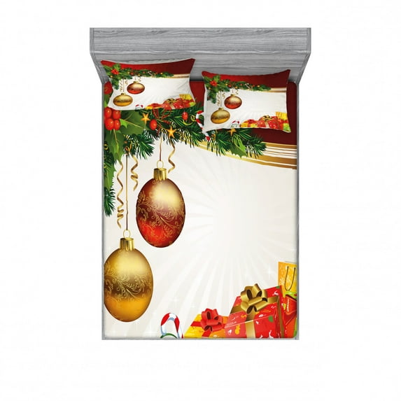 Christmas Bedding Set with Sheet & Covers, Yule Eve Balls Baubles Ribbon Present Boxes Fir Tree Greeting Celebration Theme, Printed Bedroom Decor 2 Shams, 4 Sizes, Multicolor, by Ambesonne