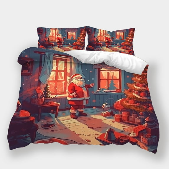 Christmas Bedding Suit Santa Claus Printed Cartoon Comforter Cover Pillowcase Kid Adult Festival Bedroom Decor
