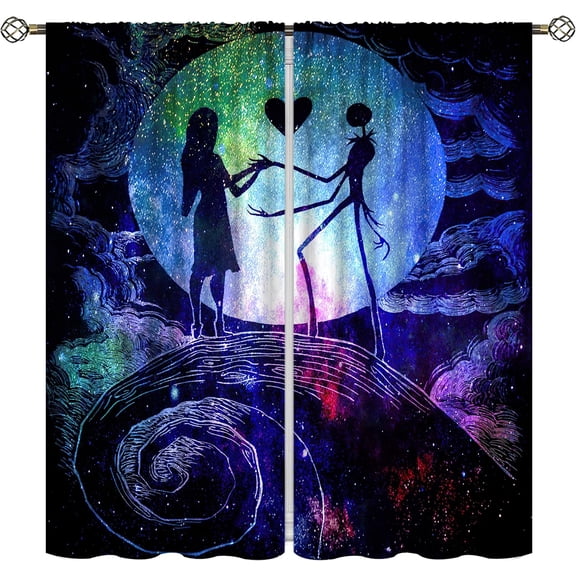 Christmas Bedroom Theme Decor Rod Pocket Curtain,Portable Painting Art Halloween Nightmare Sally Jack Blackout Curtain Thermal Insulated for Living,Dining Room,Kitchen(2 Panels,42 x 63 Inch)