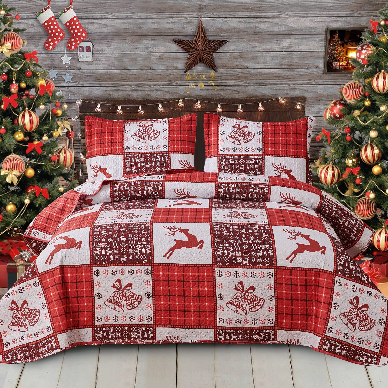 Christmas Bedspread Quilt Sets Queen Size Reversible Cabin Lodge Wildlife Deer Reindeers