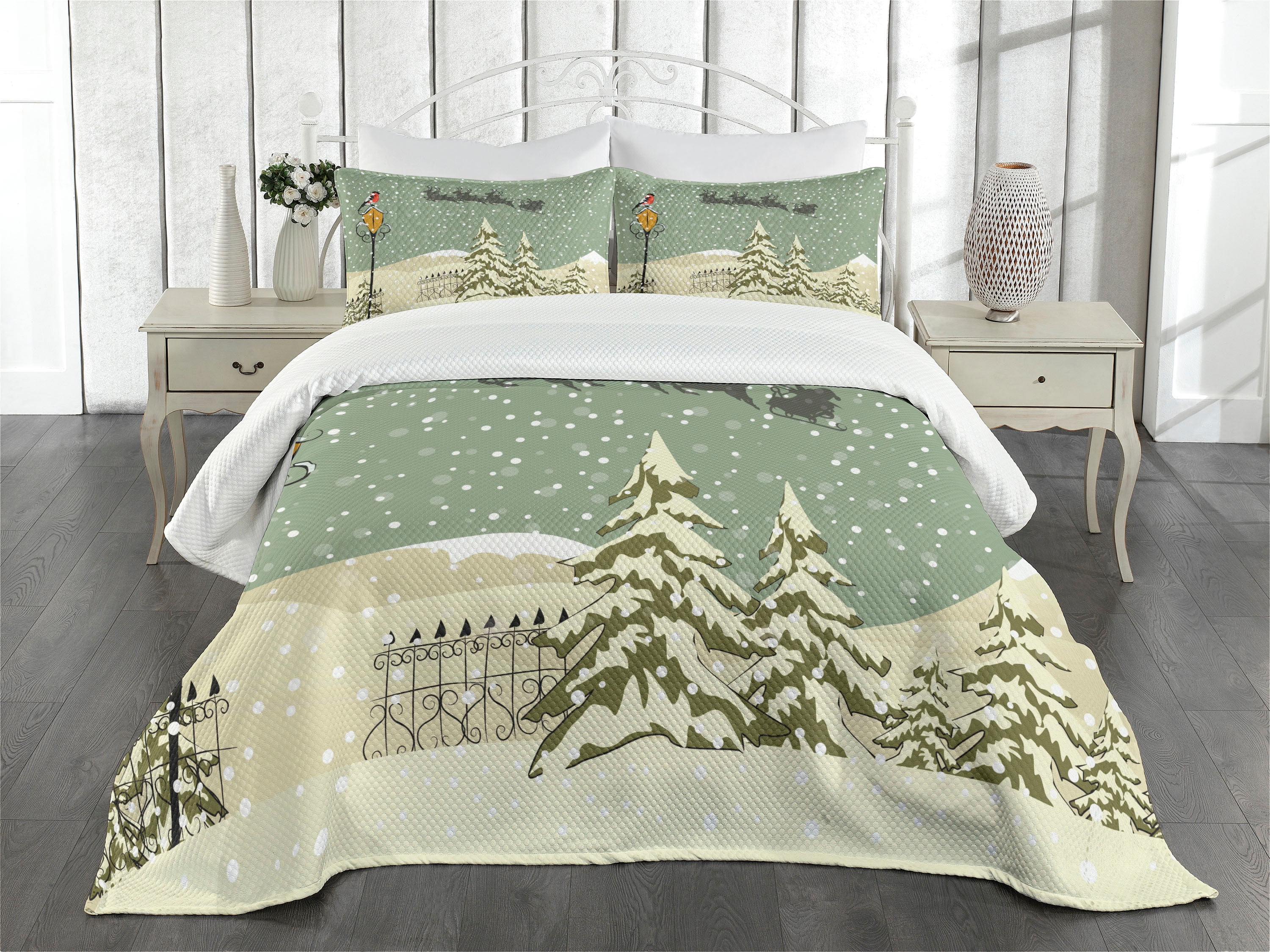 Christmas Bedspread Set Queen Size, Santa Claus Flying Reindeer