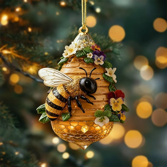 Christmas Bee Collecting Honey Acrylic Ornaments - Funny Pendants for Christmas Trees, Home Party Decor, Holiday Gift, Cute Bee Theme Xmas Decor, Lightweight Acrylic Hanging Ornaments, 3.15in, O