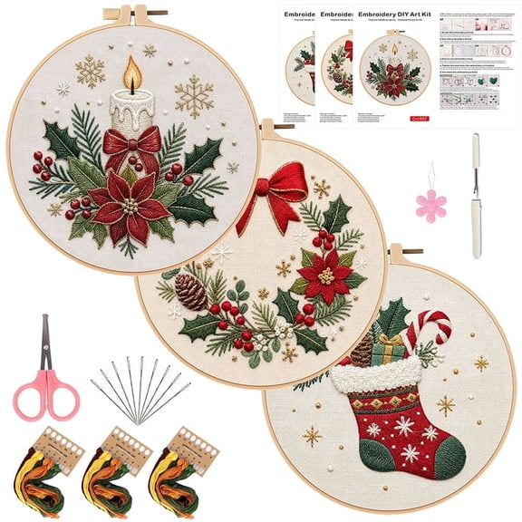 Christmas Beginner Embroidery kit, Including Printed Patterns, Hand Sewing Tools, Crafts, and a DIY Sewing kit—a 3-piece Christmas Gift.