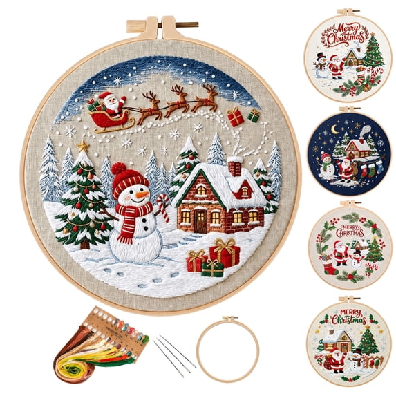 Christmas Beginners Embroidery Kit for adults , DIY Cross Stitch Set with Pre-Printed Fabric Hoop Floss Needles, christmas crafts, C