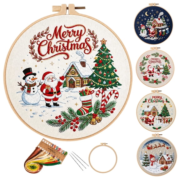 Christmas Beginners Embroidery Kit for adults , DIY Cross Stitch Set with Pre-Printed Fabric Hoop Floss Needles, christmas crafts, D