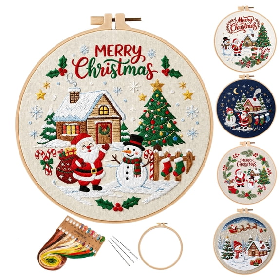 Christmas Beginners Embroidery Kit for adults , DIY Cross Stitch Set with Pre-Printed Fabric Hoop Floss Needles, christmas crafts, E