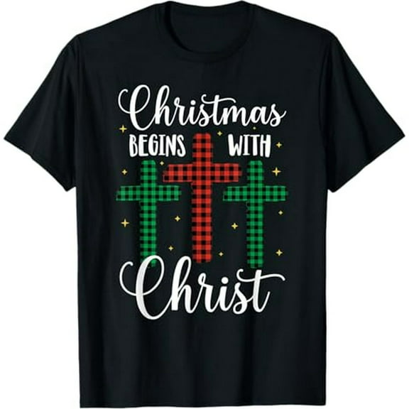 Christmas Begins With Christ Christian Cross Xmas Snow Stars T-Shirt