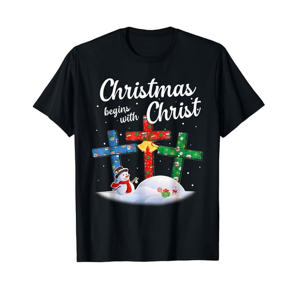Christmas Begins With Christ Snowman Christian Cross Xmas T-Shirt Black Tee