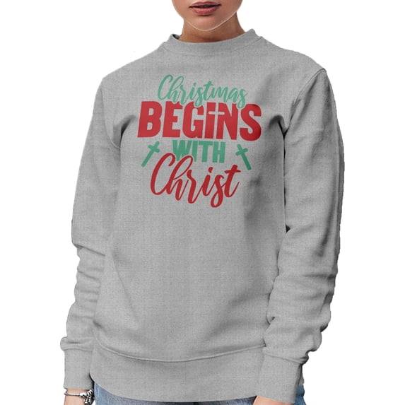 Christmas Begins with Christ, Christian Christmas, Heather Grey Crewneck Sweatshirt, Medium