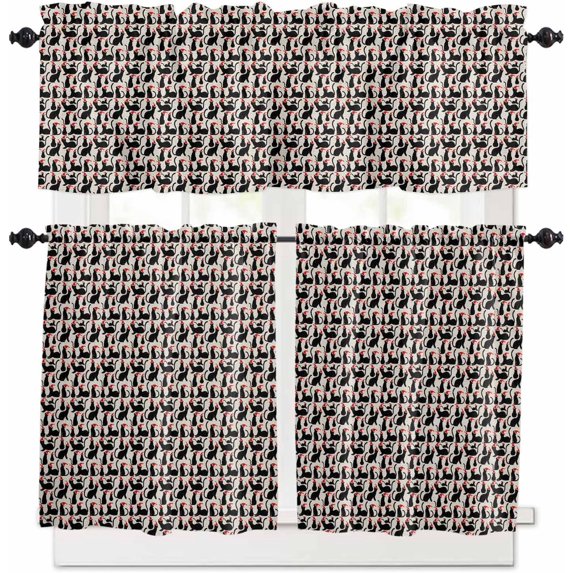 Christmas Beige Kitchen Curtains and Valances Set, Rod Pocket Curtains Tier Farmhouse Window Curtains 36 Inch Length, Winter Black Xmas Cats Country Funny 3 Piece Kitchen Curtains Set