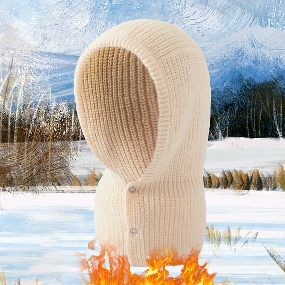 Christmas Beige Warm Scarf Winter Neckerchiefunisex Knitted Winter Head Hood Warm Neck Collar Cap Men Women Snood Shawl Wraps Windproof Hat with Button Decor