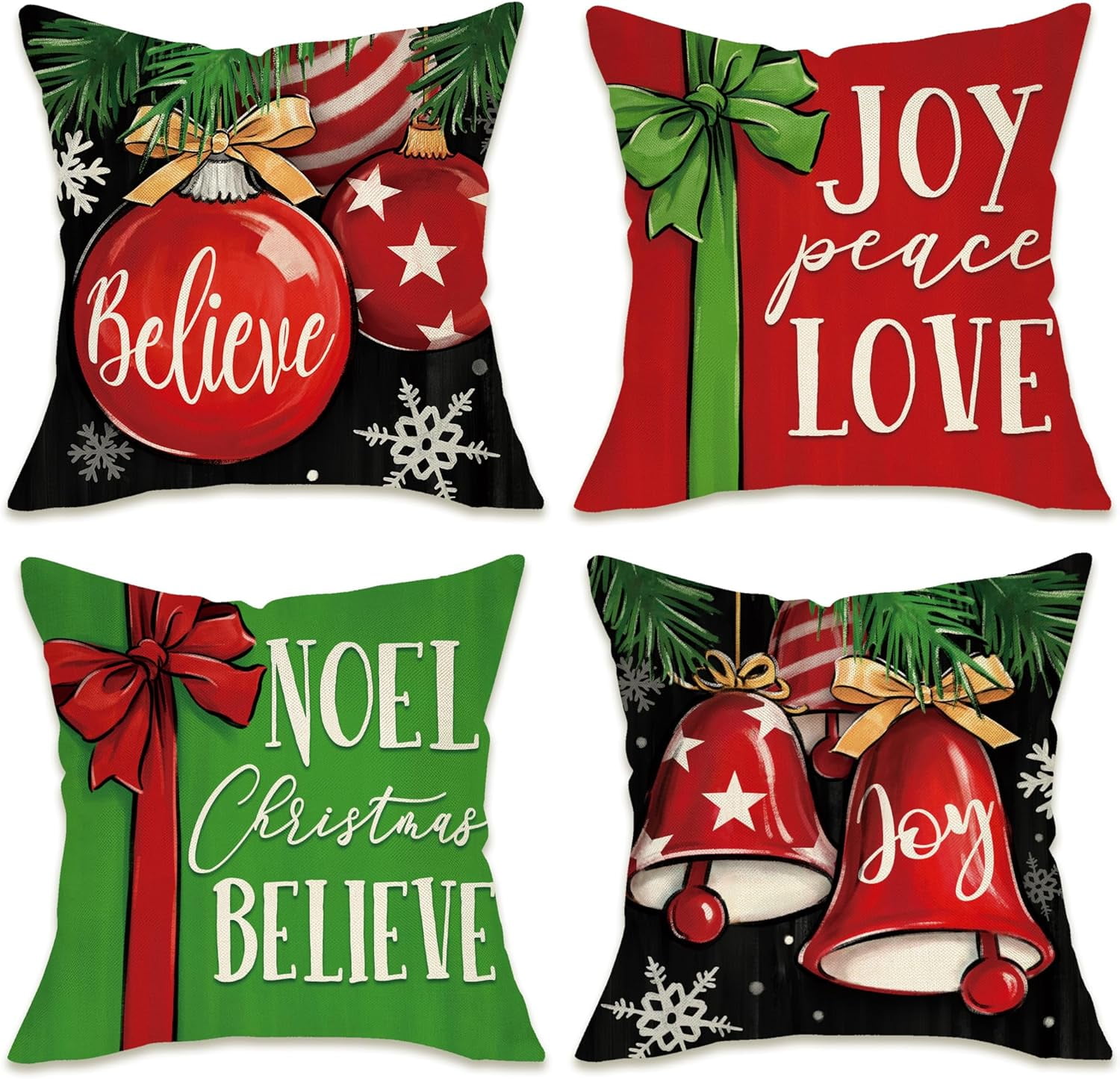 Christmas Believe Noel Decorative Throw Pillow Covers 18x18 Set of 4