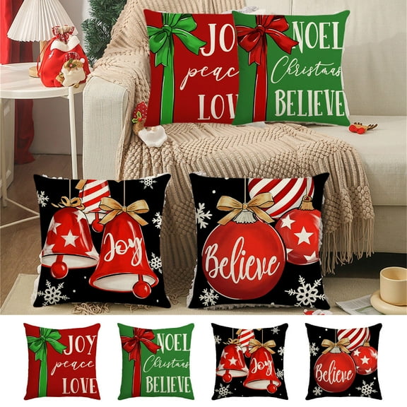 Christmas Believe Noel Decorative Throw Pillow Covers 18x18in, Xmas Ornament Jingle Bell Red Patio Outdoor Pillowcase, Joy Love Snowflake Winter Holiday Cushion Case Home Decor