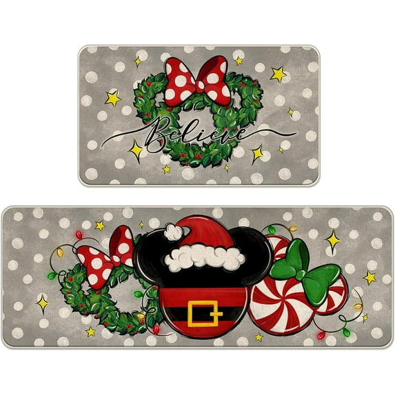 Christmas Believe Santa Mouse Kitchen Rugs Set of 2, Xmas Wreath Peppermint Candy Kitchen Mats Decor, Polka Dot Winter Holiday Door Mat Home Decorations -17x29 and 17x47 Inch