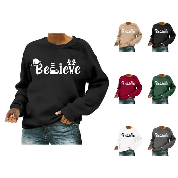 Christmas Believe Sweatshirts for Women 2025 Long Sleeve Crewneck Graphic Sweatshirt Holiday Pullover Tops