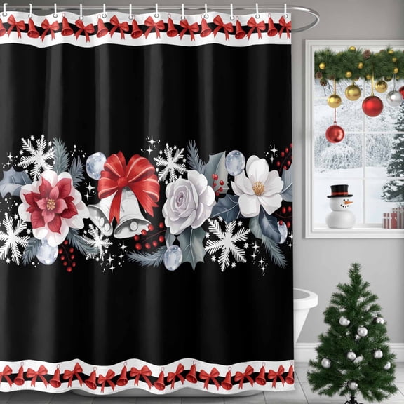 Christmas Bell Bow Shower Curtain for Bathroom, Winter White Snowflakes Flowers Waterproof Shower Curtains Washable Quick Dry with Hooks Bathtub Curtains 36x72IN