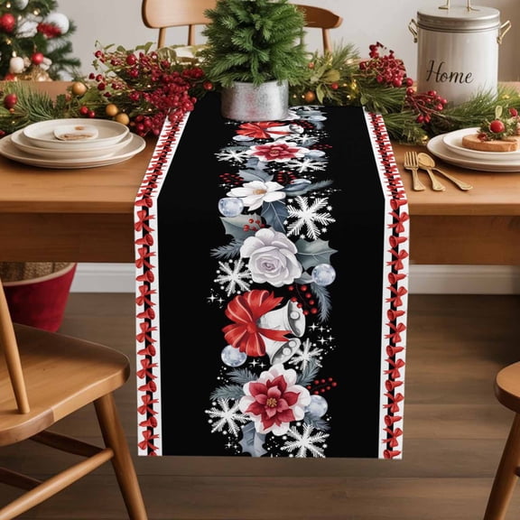 Christmas Bell Bow Table Runner 16x72in Non-Slip Cotton Linen Table Runners, Winter White Snowflakes Flowers Dresser Scarves TableRunner for Dinner Kitchen Dining Wedding Party