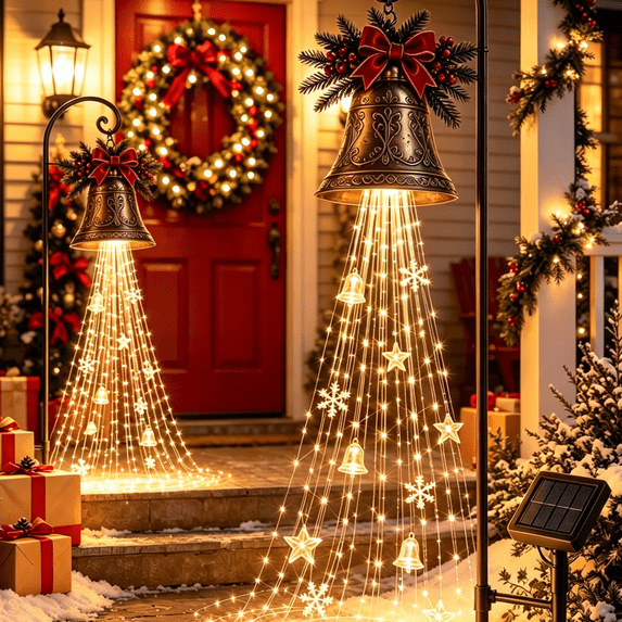 Christmas Bell Cascade Solar Yard Light, 2 Pack Warm White LED Flowing Garden Stake with Star Snowflake Ornaments, Waterproof Auto On Off for Lawn Pathway Front Yard Outdoor, Christmas Holiday Decor